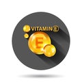 Vitamin E icon in flat style. Pill capcule vector illustration on black round background with long shadow effect. Skincare circle