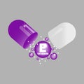 Vitamin E in open purple capsule. Health pill. Vector illustration. EPS 10.