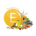 Vitamin E or Tocopherol. Food sources. Natural organic foods with high vitamin content