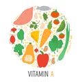 Vitamin A flat illustration in circle. Hand drawn illustration of different food rich of vitamin A. - Vector