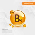 Vitamin B9 gold shining pill capcule icon, cholecalciferol. golden Vitamin complex with Chemical formula substance drop. Medical f