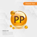 Vitamin PP gold shining pill capcule icon, cholecalciferol. golden Vitamin complex with Chemical formula substance drop. Medical f