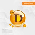 Vitamin D gold shining pill capcule icon, cholecalciferol. golden Vitamin complex with Chemical formula substance drop. Medical f