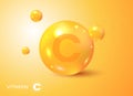 Vitamin gold shining pill capsule icon. Ascorbic acid. Shining golden substance drop. Meds for heath ads. Treatment cold flu.