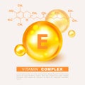 Vitamin gold shining pill capsule icon. Nutrition sign vector concept. The power of vitamin E. Chemical formula. Tocopherols,