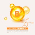 Vitamin gold shining pill capsule icon. Nutrition sign vector concept. The power of vitamin B6. Chemical formula. Pyridoxine