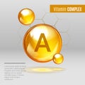 Vitamin A gold shining pill capsule icon . Vitamin complex with Chemical formula ,Retinol Retinol, retinal, beta