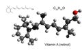 Chemical formula, structural formula and 3D ball-and-stick model of vitamin A1 retinol, white background