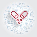 Vitamin icon on handdrawn healthcare doodles background. Vector illustration