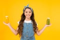 Vitamin juice. Berries in my bottle. Fruit energy. Smiling kid hold smoothie bottles. Healthy food. Vitamin nutrition