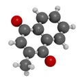 Vitamin K3 or menadione molecule. 3D rendering. Atoms are represented as spheres with conventional color coding: hydrogen white