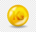 Vitamin K3 Menadione. Vitamin complex illustration concept. K3 Menadione pill capsule. 3D Yellow drug nutrition design.