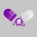 Vitamin K in open purple capsule. Health pill. Vector illustration. EPS 10.