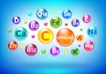 Vitamin and mineral complex, colorful bubbles, balls with letters