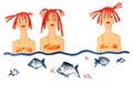 Vitamin and mineral dummy, Three girl on pattern bikini swimming whith fishes