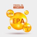 Vitamin Omega-3, EPA fatty acids, DHA. Chemical formula.Capsule pills vector illustration on white isolated background