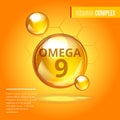 Vitamin Omega-9 Fatty Acids gold shining pill capsule icon . Vitamin complex with Chemical formula Dietary supplement Royalty Free Stock Photo