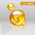 Vitamin Omega-3 Fatty Acids gold shining pill capsule icon . Vitamin complex with Chemical formula Dietary supplement Royalty Free Stock Photo