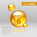 Vitamin Omega-6 Fatty Acids gold shining pill capsule icon . Vitamin complex with Chemical formula Dietary supplement
