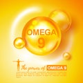 Vitamin Omega 9 vector illustration. Vitamin Omega-9 Fatty Acids gold shining pill. Omega-9. Vitamin complex with Chemical formula