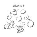 Vitamin P bioflavonoids. Groups of healthy products containing vitamins and minerals. Set of fruits, vegetables, meats