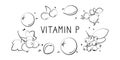 Vitamin P bioflavonoids. Groups of healthy products containing vitamins and minerals. Set of fruits, vegetables, meats