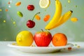 Vitamin pills and fruits are flying into a white plate. Healthy eating