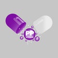 Vitamin PP in open purple capsule. Health pill. Vector illustration. EPS 10.