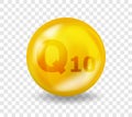 Vitamin Q10 Coenzyme. Vitamin complex illustration concept. Q10 Ubiquinone, coenzyme Q pill capsule. 3D Yellow drug Royalty Free Stock Photo