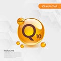 Vitamin Q10 gold shining pill capcule, cholecalciferol. golden Vitamin complex with Chemical formula substance drop. Medical f