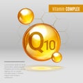 Vitamin Q10 gold shining pill capsule icon . Vitamin complex with Chemical formula, coenzyme Q, ubiquinone. Shining