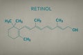 Vitamin A. Retinol 3d molecule on paper texture background. Skeletal formula of vitamin a. Recessed text in green and