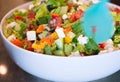 Freshly prepared salad of sliced leaves and vegetables with cheese seasoned with olive oil in a deep bowl Royalty Free Stock Photo