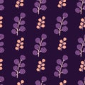 Vitamin seamless pattern with doodle blackberry print. Purple and orange colored food backdrop