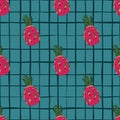 Vitamin seamless pattern with simple pink and green colored dragon fruit ornament on blue background with check