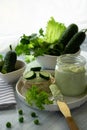 Vitamins and trace elements in yoghurt cream with cucumbers with green peas for toasting Royalty Free Stock Photo