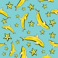 Vitamin tasty bananas dolphin pattern. Tropical food vegetarian organic background.Yummy summer cover