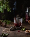 Vitamin tea with lingonberries, honey and cinnamon, transparent glass, steam and smoke, table, fir branches