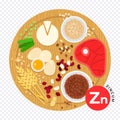 Vitamin Zn vector illustration in flat style. Products containing zincum. Healthy lifestyle and diet concept. Royalty Free Stock Photo