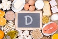 Vitamine D food sources, top view on wooden background