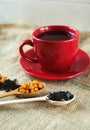 Vitaminic healthy black tea with sea buckthorn in red cup with fresh raw sea buckthorn berries and black tea in wooden spoons Royalty Free Stock Photo