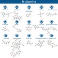 Vitamins of B group molecule. Thiamine, riboflavin, niacin, nicotinic acid, choline, pyridoxine, biotin, inositol, folic acid,