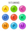 Vitamins colorful pills capcule icons isolated on white background. Retinol vitamins drop pills capsule.