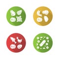 Vitamins flat design long shadow glyph icons set. B5, B6, B12 natural food source. Vitamin pills. Fruits, meat Royalty Free Stock Photo