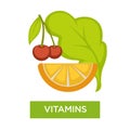 Vitamins from food with slice of lemon or orange, cherries and salad leaf