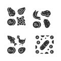 Vitamins glyph icons set. B5, B6, B12 natural food source. Vitamin pills. Fruits, meat, vegetables. Proper nutrition Royalty Free Stock Photo