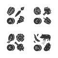 Vitamins glyph icons set. A, C, B1, K vitamins natural food source. Vegetables, edible greens, dairy products. Proper Royalty Free Stock Photo