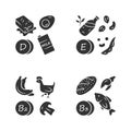 Vitamins glyph icons set. D, E, B2, B3 vitamins natural food source. Dairy products, nuts. Proper nutrition. Healthy Royalty Free Stock Photo