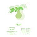 Vitamins, minerals and calorie content. Information about nutrition facts pear fruit. Conceptual healthy nutrition card