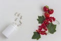 Vitamins supplements as a capsule with fresh berries from the medicine jar on white background Royalty Free Stock Photo